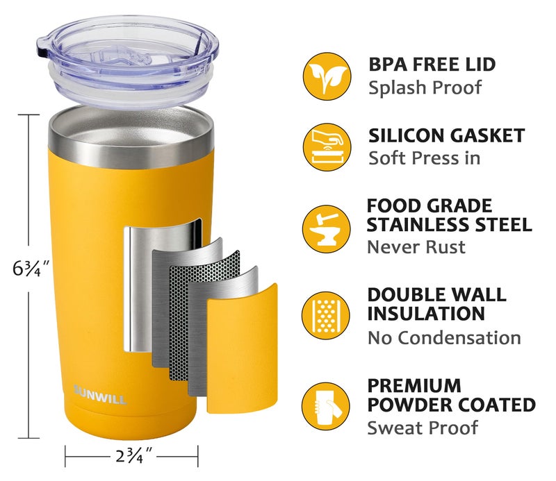 SUNWILL Travel Coffee Tumbler 20 oz, Insulated Mug with Lid, Stainless Steel Cup for Hot and Cold Drinks, Powder Coated Yellow - Image 2